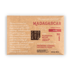 A wrapped bar of Chocolat-e single origin gourmet chocolate from Madagascar.