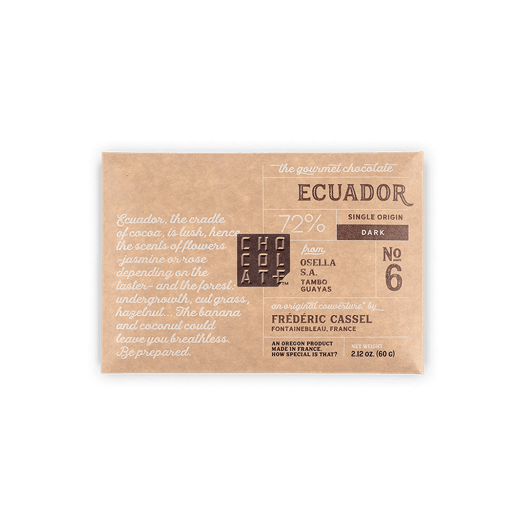 A wrapped bar of Chocolat-e gourmet single-origin chocolate from Ecuador.