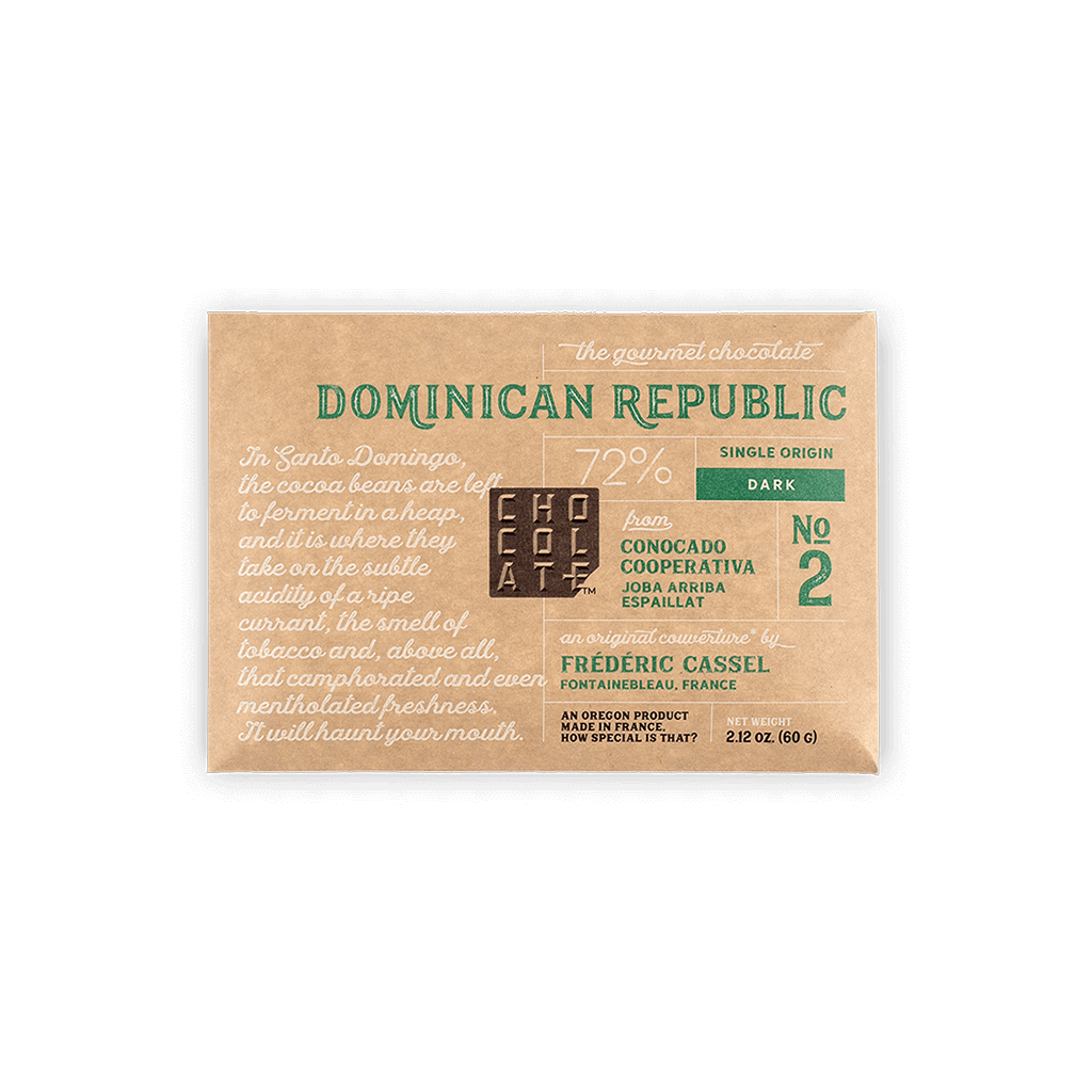 A wrapped bar of Chocolat-e gourmet single-origin chocolate from Dominican Republic.