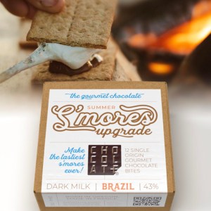 Making delicious s'mores on a bonfire with Chocolat-e's single-origin chocolate, and a box of Chocolat-e's S'mores upgrade
