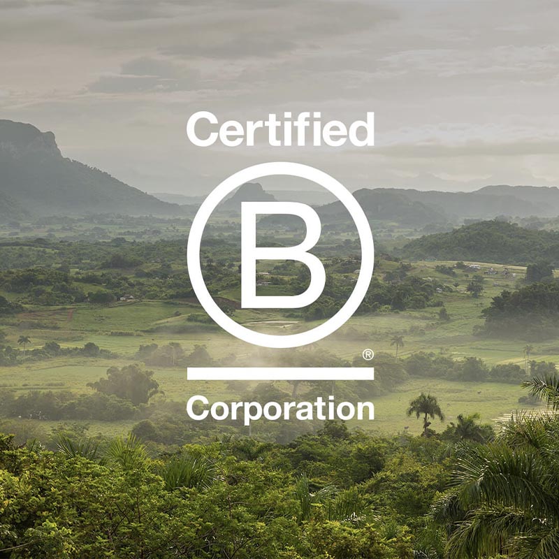 Certified B Corporation logo in white is on top of a lush green landscape with mountains in the distance.