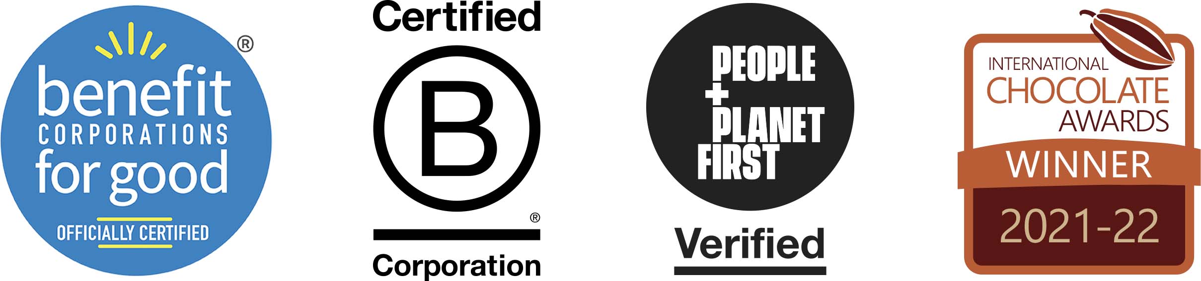 Badges that show: Benefit Corporations for Good Certification, Certified B Corporation, People and Planet First Verified, and International Chocolates Awards Winner in 2021-22.